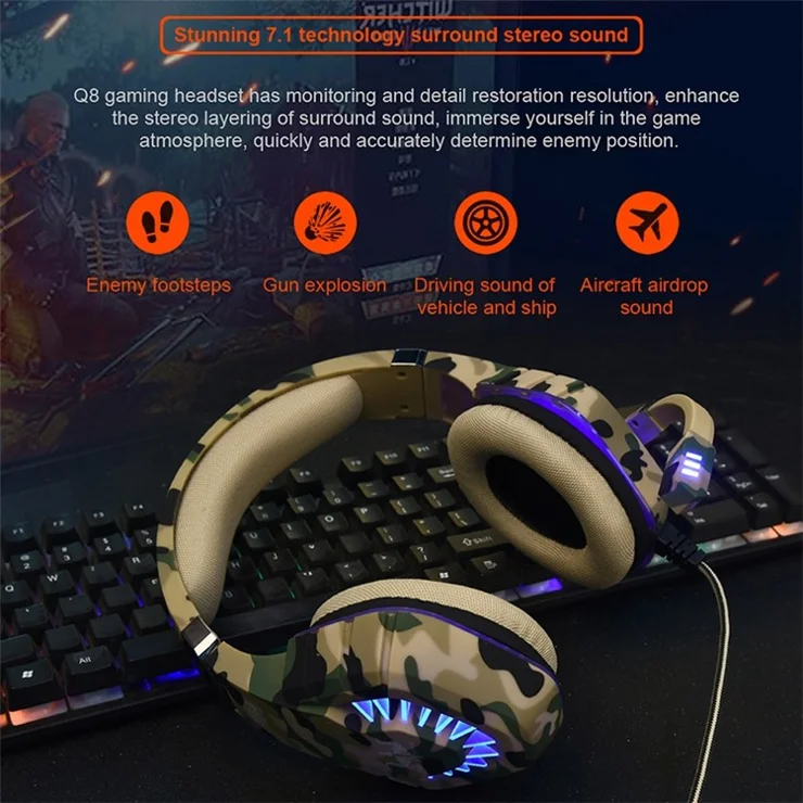 OVLENG Q8 Camouflage Wired Gaming Headset E-sports Adjustable Headphone with Light Effect USB 7.1-Channel Over-Ear Headset - Camo Grey