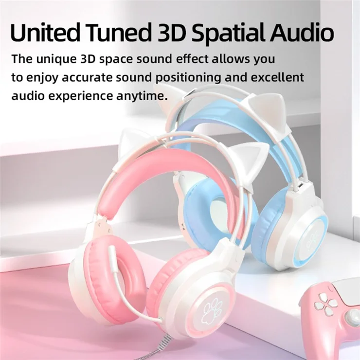 G35 Detachable Cat Ears PC Gaming Headset Wired Over-ear Headphones with Mic - Blue