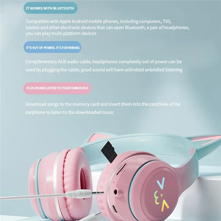 BT612 Headphones with Cat Ears Gradient Bluetooth-compatible Gaming Headset with RGB Light - Green