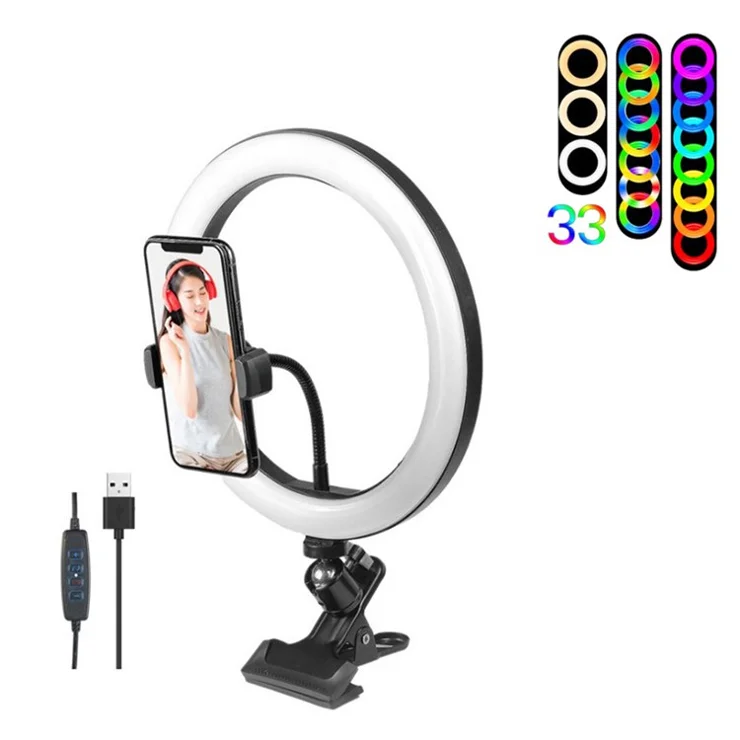 10 Inch 3-color Adjustable Ring Selfie Light Live-stream Photography Light 360-degree Rotating Desktop Video Fill Light with Clamp