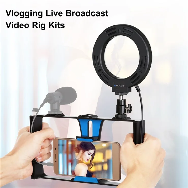 PULUZ PKT3026 Handheld Cage Rig Kit Cell Phone Ring Fill Light with Adapter for Photography Live Streaming - Blue