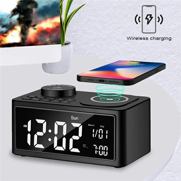 H7 Multifunctional Wireless Charging Bluetooth-compatible Speaker Clock Radio FM Radio with USB Charging - Black / EU Plug