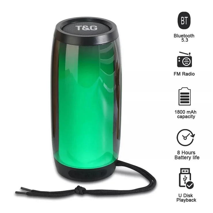 T&G TG335 Wireless Bluetooth-compatible Speaker Outdoor Portable Woofer Sound Amp with Color LED for PC Phone Support FM / TF Card (CE) - Black