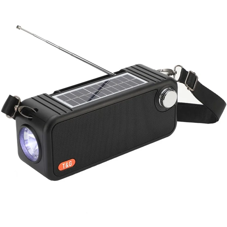T&G TG637 Solar Rechargeable Bluetooth-compatible Speaker Outdoor FM Radio TF Card Stereo Subwoofer with LED Flashlight - Black