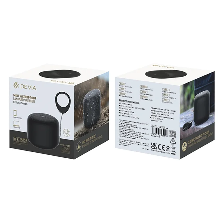 DEVIA Kintone Series BT2602 Mini Waterproof Bluetooth-compatible Speaker Wireless Music Subwoofer with Lanyard - Black