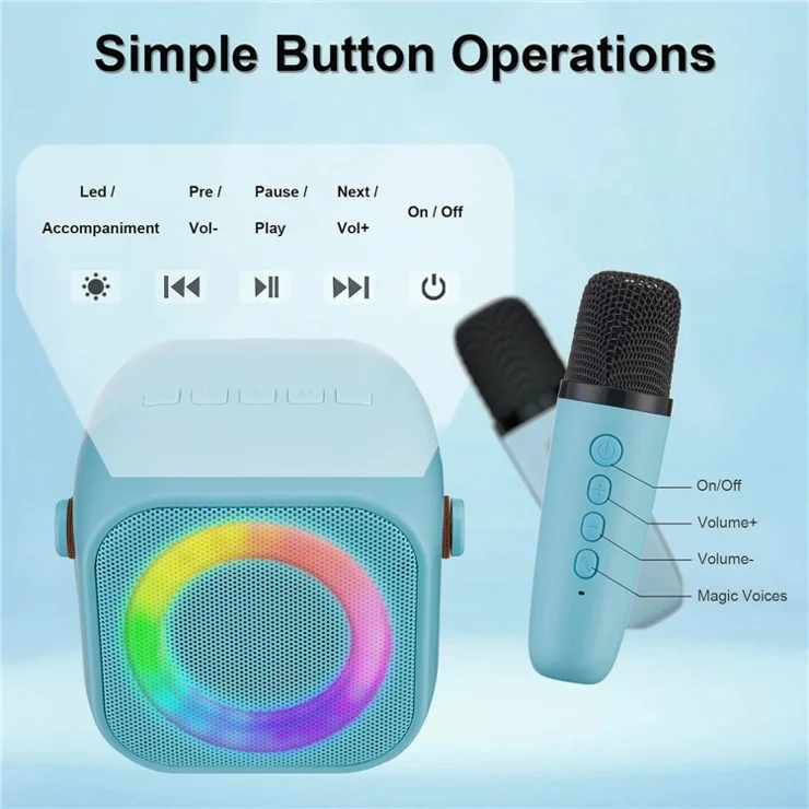 K29 Bluetooth-compatible Speaker Portable Home Karaoke Machine with 2 Wireless Microphones Set - Blue