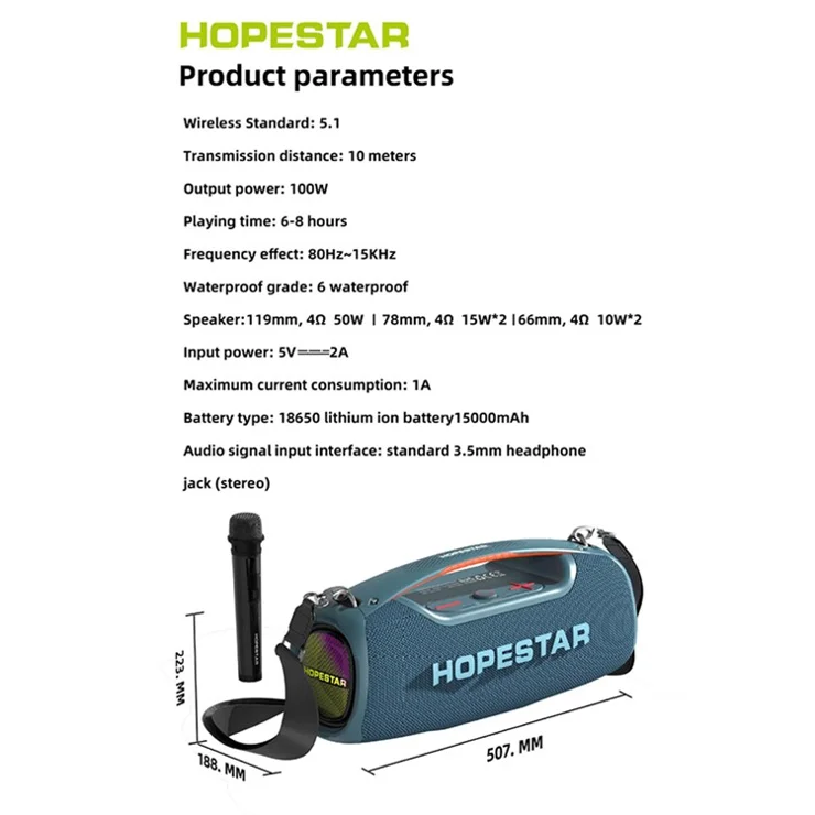 HOPESTAR A60 High Power 100W Waterproof Bluetooth-compatible Speaker with Shoulder Strap - Black
