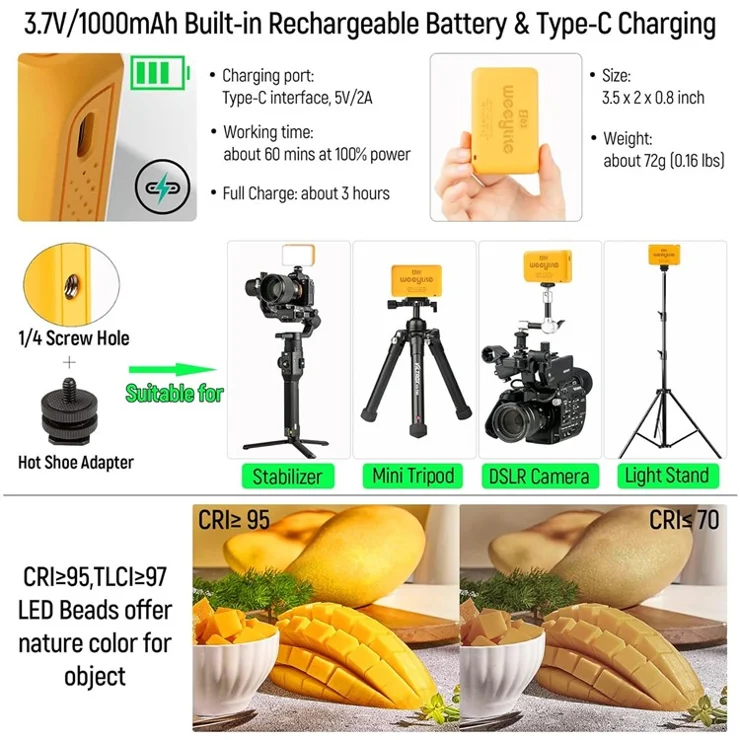 WEEYLITE S03 Portable RGB LED Video Light Full Color Photography Fill Light for Live Streaming / Outdoor Shooting - Yellow
