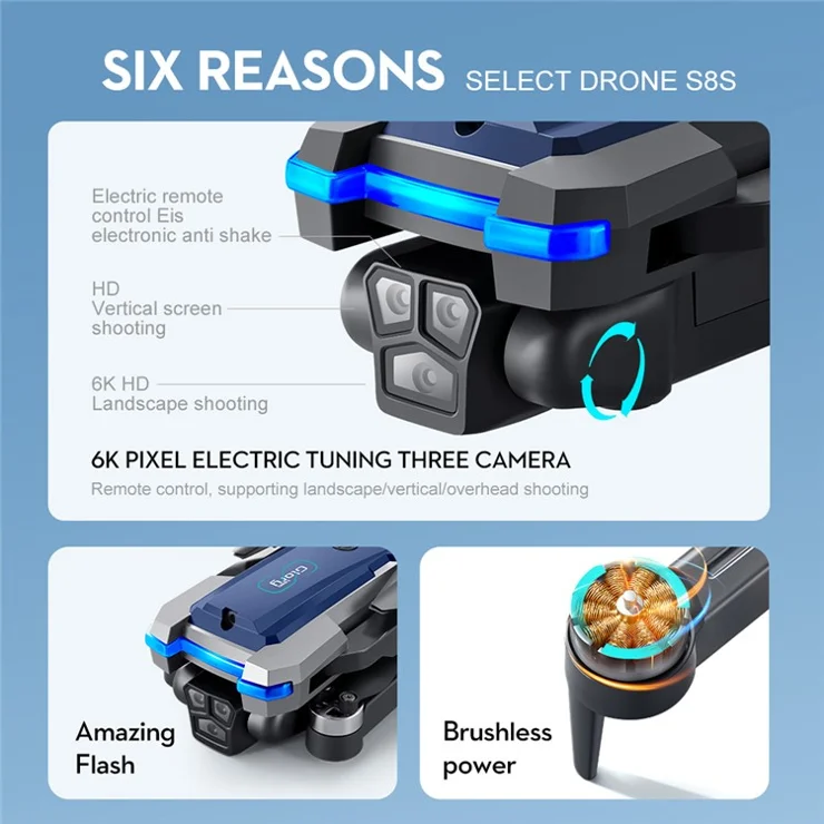 S8S Foldable RC Drone Three Camera Optical Flow Brushless Quadrotor with 3 Batteries - Black