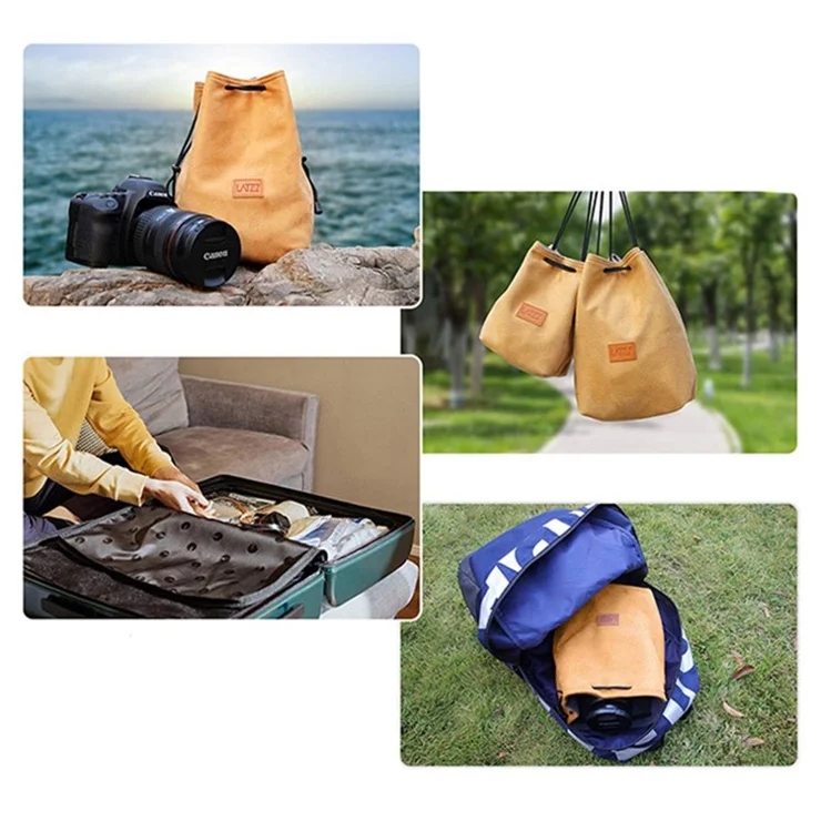 LATZZ Polar Fleece Lined Lens Daypack Vintage Faux Suede Camera Drawstring Bag Travel DSLR Camera Bag, Size L - Grey