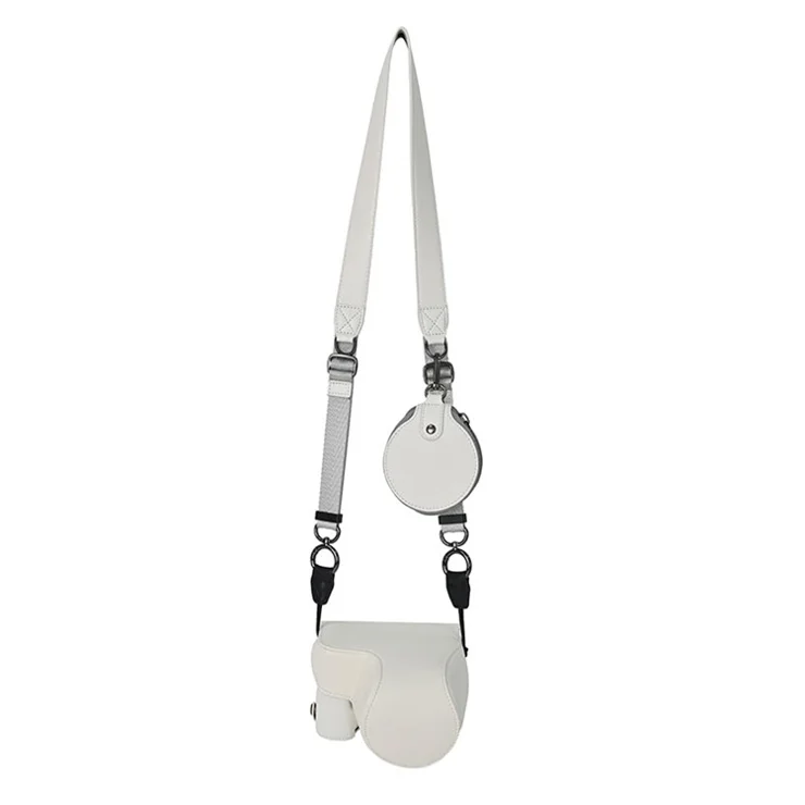 For Sony Alpha ZV-E10 II Textured PU Leather Camera Case with Battery Hole + Strap + Lens Storage Bag - White