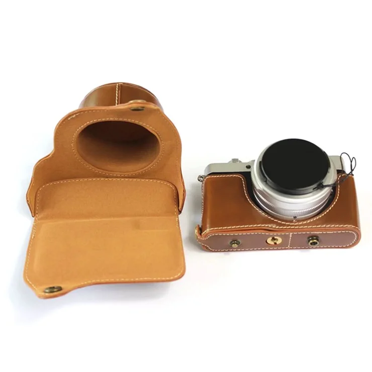 PU Leather Digital Camera Bag for Leica D-LUX 7 Battery Opening Design Protective Cover with Lens Pouch and Shoulder Strap - Brown