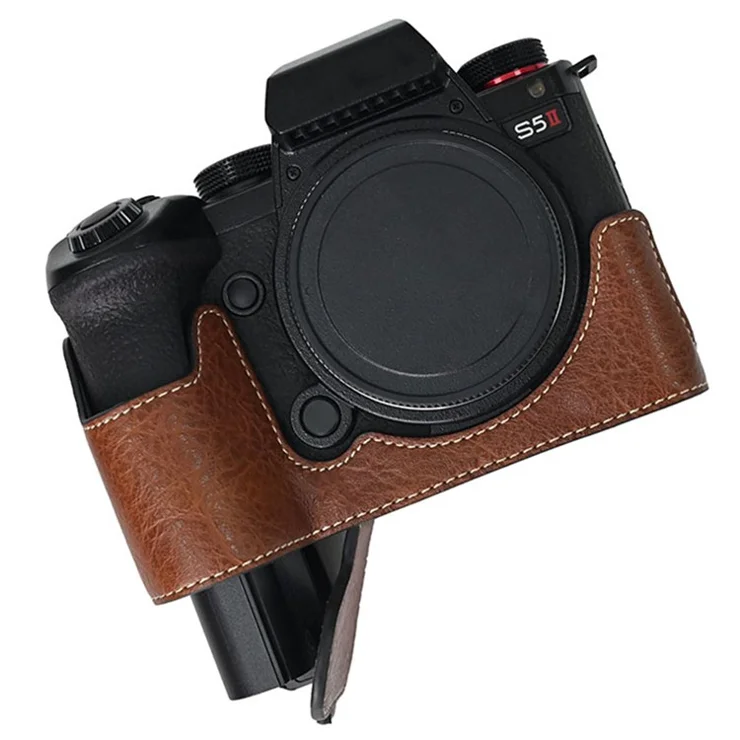 For Panasonic Lumix S5 / S5 II Camera Case with Shoulder Strap Large Cutout Litchi Texture PU Protective Cover - Coffee