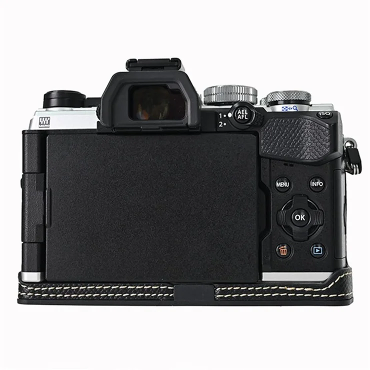 For Olympus OM-5 Leather Camera Case Battery Opening Half Body Bottom Cover with Hand Strap - Black