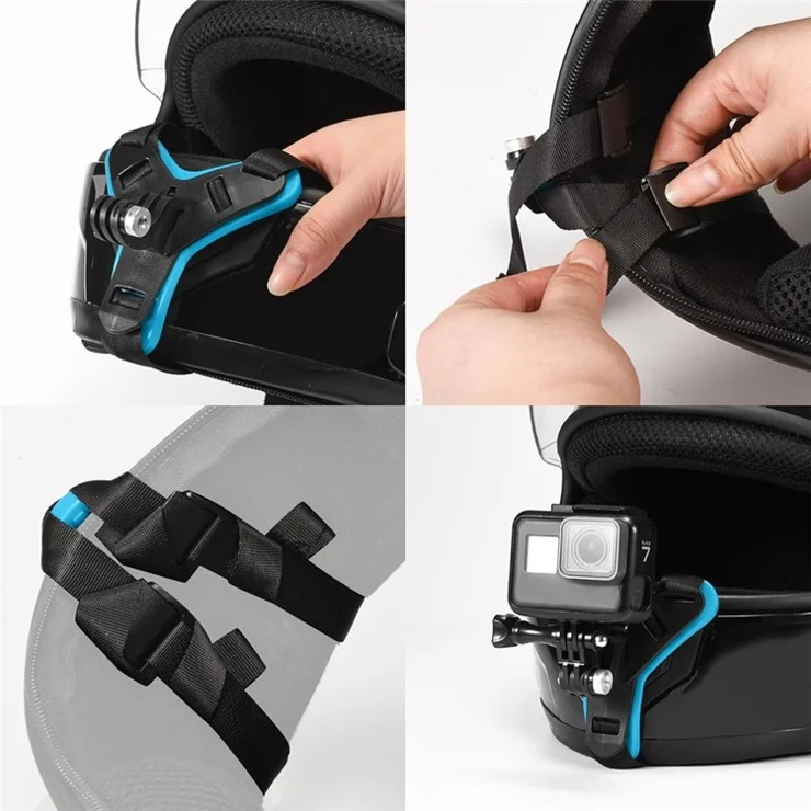 4-in-1 Motorcycle Helmet Chin Strap Mount Compatible with GoPro Insta 360 Session - Blue