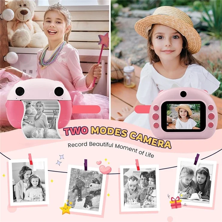 KDC-0013B 2.4 inch Screen HD Kids Instant Camera Dual Lens Thermal Printing Camera Toy - Pink