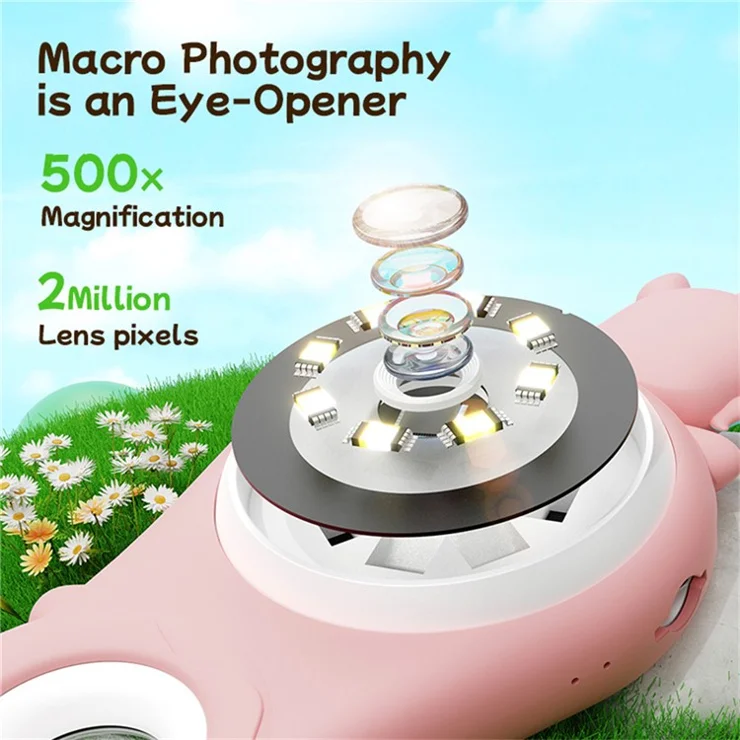 370 2.0-inch IPS Screen Cartoon Animal Kids Handheld Microscope 500x Magnifying Glass with 2MP Lens - Purple