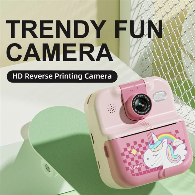P02 2.4 Inch Instant Print Camera Cartoon Animal Pattern Flip Lens HD Camera for Kids with 32GB Card + Card Reader - Green