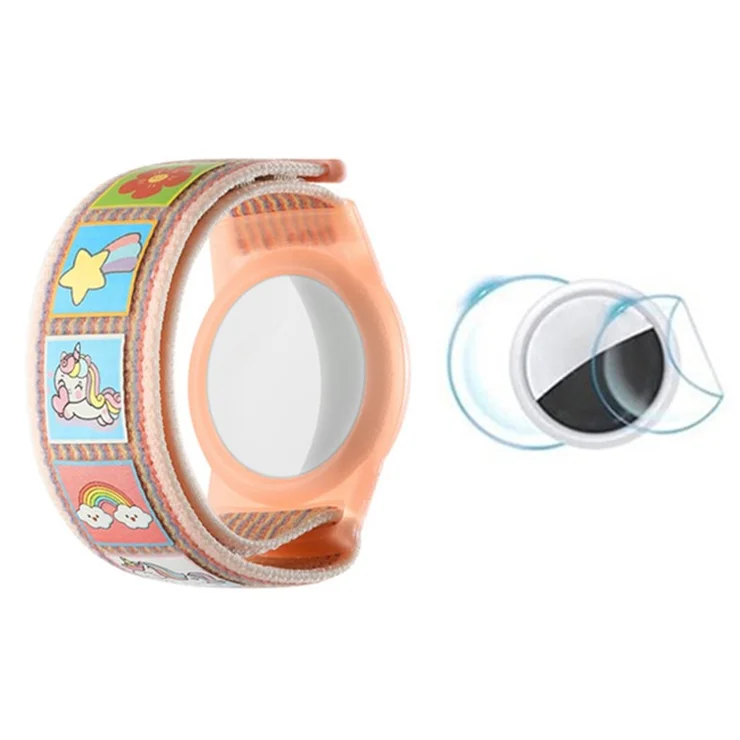 TPU Case for AirTag Cartoon Magic Tape Nylon Band Loop Wristband, with Front Back Film Set - Unicorn
