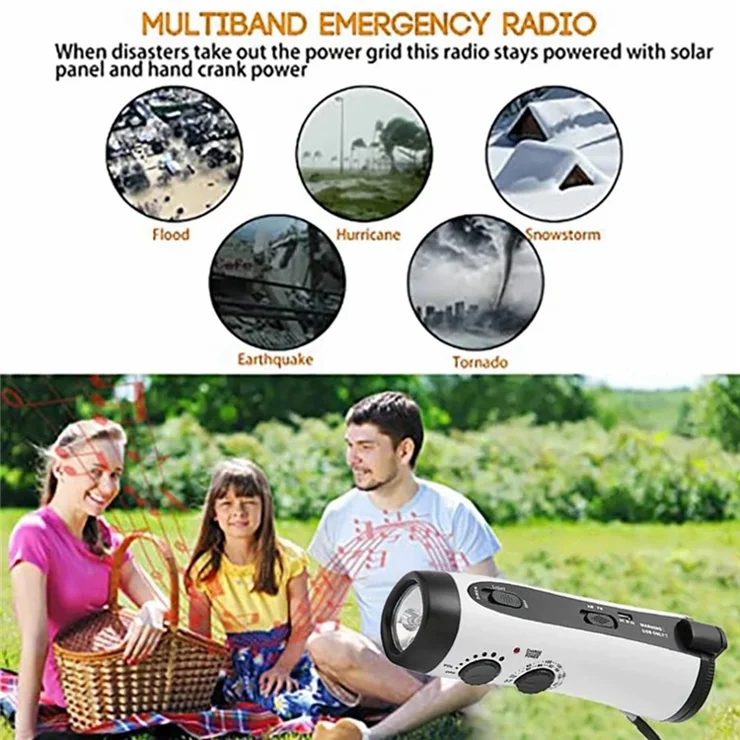 RD300 Portable Hand Crank AM / FM Radio LED Flashlight Phone Power Bank - White