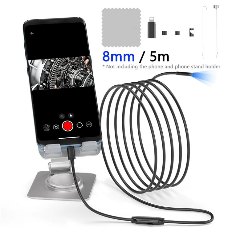 5001TC 5m Hard Wire 8mm Camera Lens Industrial Endoscope for 8-Pin+Type-C Phones