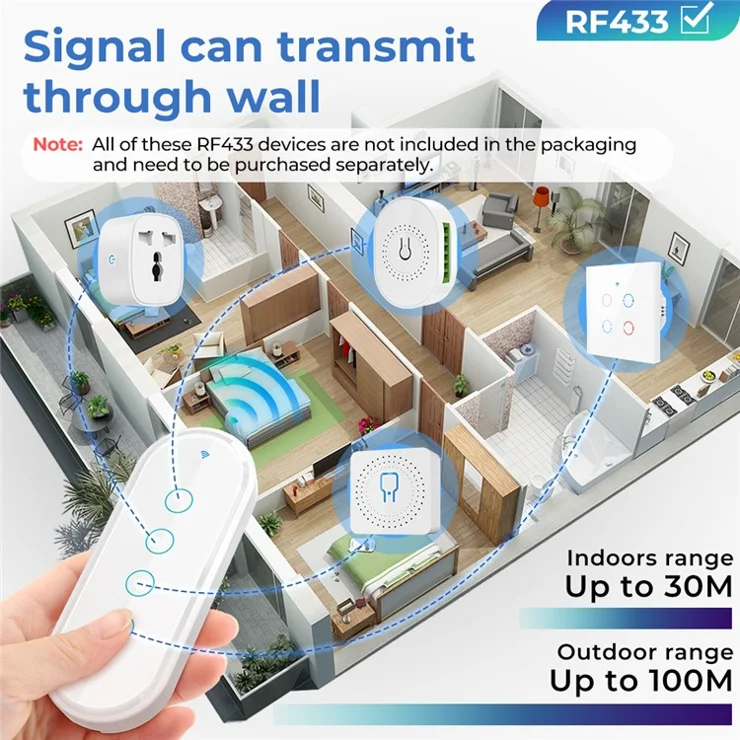 RF433 Remote Control Touch Switch 4 Gang 2.5D Tempered Glass Wireless Interruptor Switch - Black
