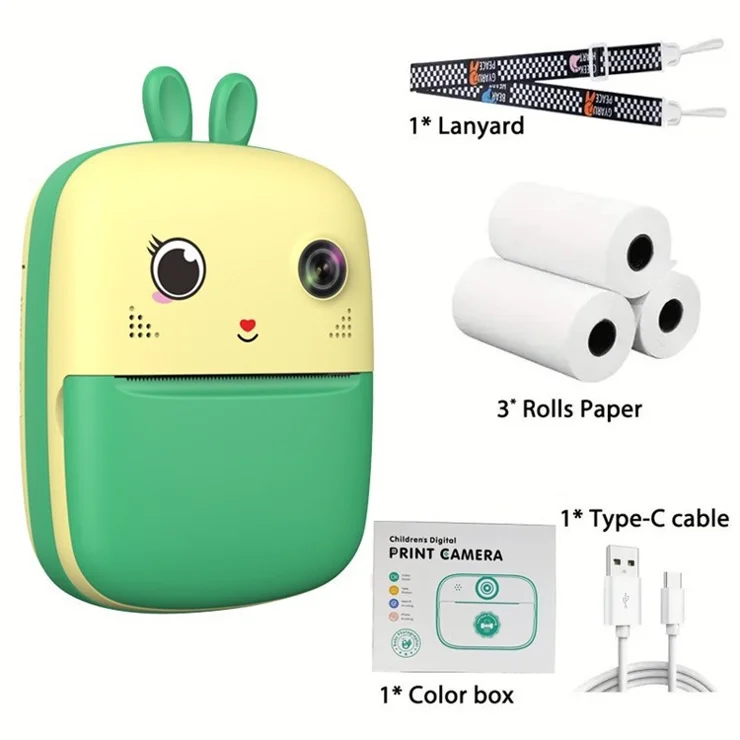 S6 Cute Cartoon 2.4-inch Screen Dual Lens Kids Digital Camera Instant Thermal Photo Printer with 32G TF Card + Card Reader - Yellow