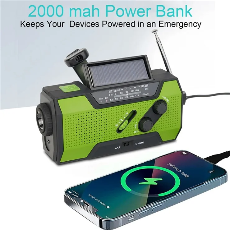 hn-030 Outdoor Solar Power Hand Crank FM / AM / WB Radio SOS Alarm LED Light 2000mAh Power Bank - Orange