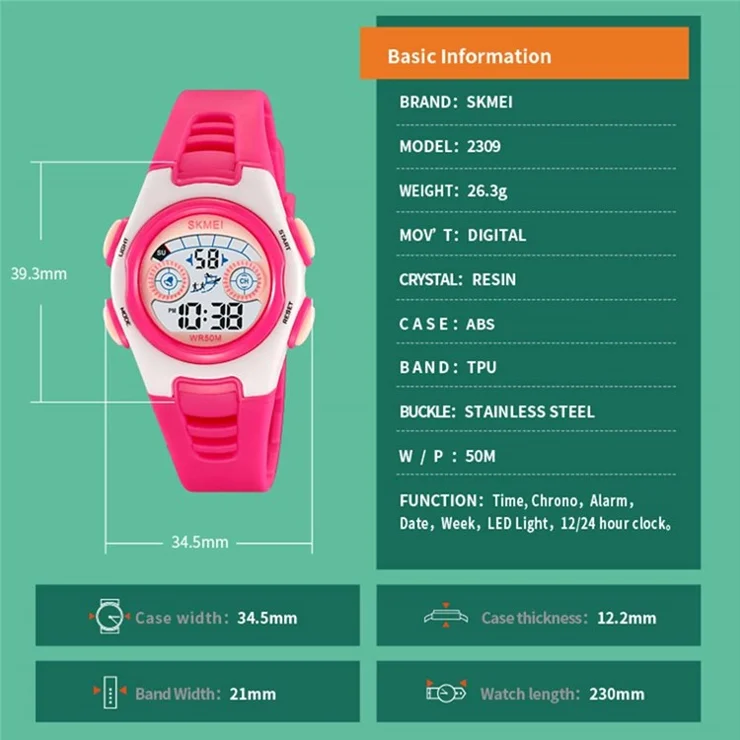 SKMEI 2309 Student Kids LED Backlight Digital Watch Date Alarm Clock Sports Electronic Watch - Purple Case / Pink Strap
