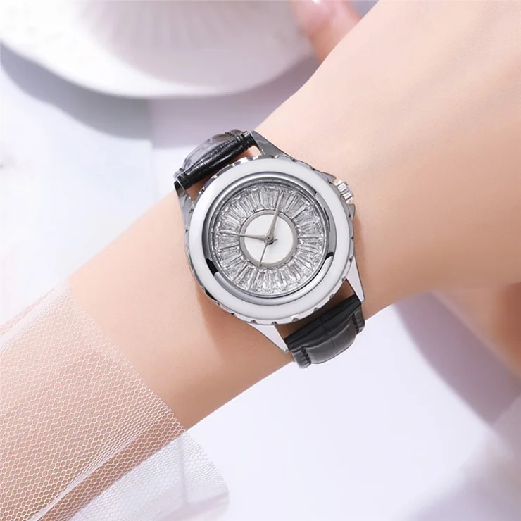 SKMEI 2172 Stylish Women Quartz Watch Rhinestone Dial Wrist Watch - Rose Gold Case / Black Strap