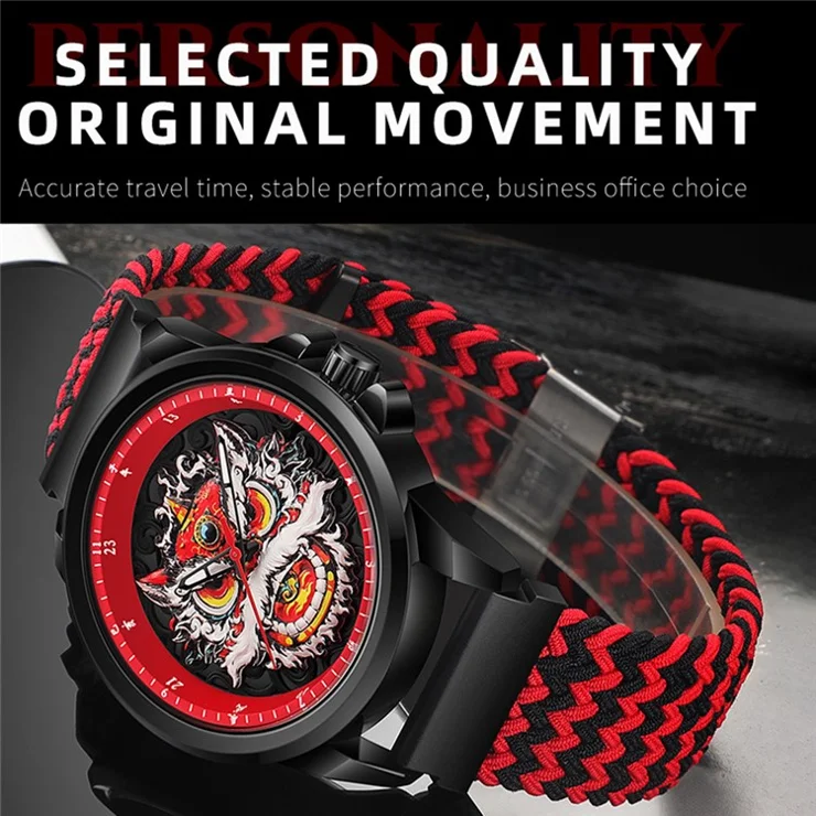 WLISTH 6158 Chinese Style Men Quartz Watch Fashion Wrist Watch - Black+Red Elastic Cloth Strap