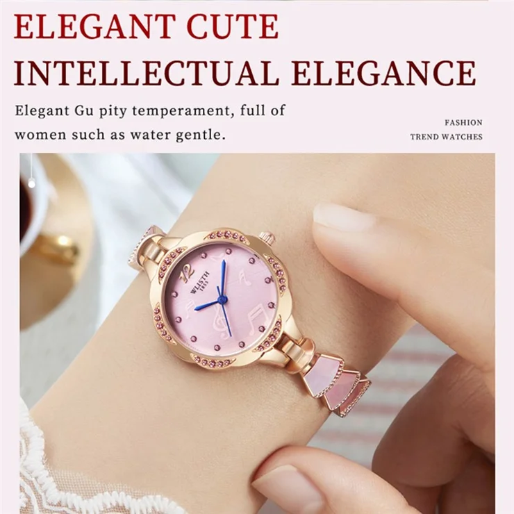 WLISTH 6142 Stylish Women Alloy Strap Quartz Watch Rhinestone Decor Wrist Watch - Rose Gold Case / Pink Dial