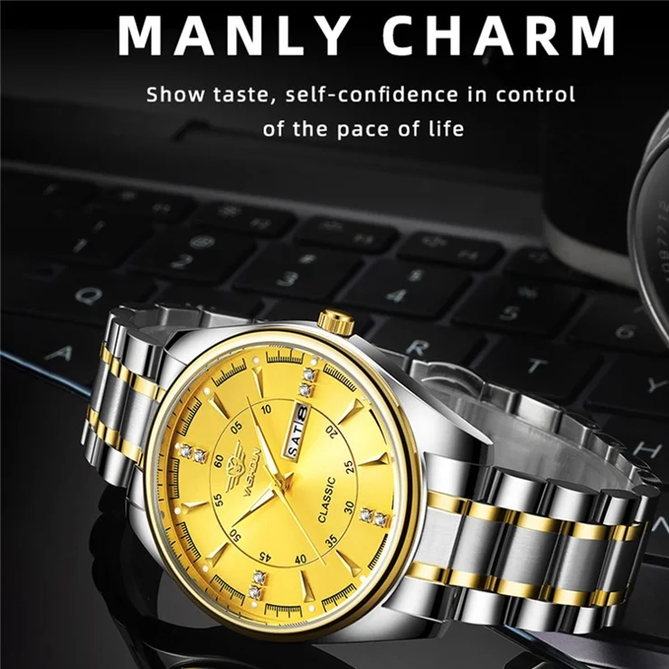 YASHIDUN 5069 Steel Strap Stylish Quartz Watch Men Luminous Calendar Wrist Watch - White Dial