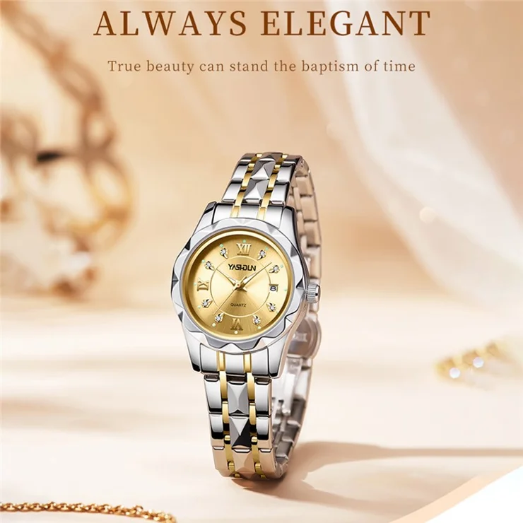 YASHIDUN 5064 Stylish Women Quartz Watch Steel Strap Luminous Calendar Wrist Watch - Gold Dial / Silver+Gold Strap
