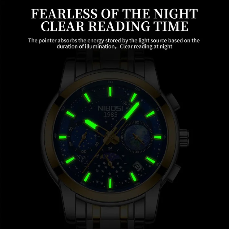 NIBOSI 2651 Stylish Steel Strap Quartz Watch 3 Small Dials Luminous Men Wrist Watch - Silver Strap / Black Dial