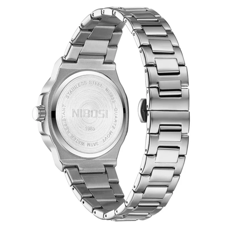 NIBOSI 2632 Stylish Men Wrist Watch Steel Strap Luminous Calendar Quartz Watch - Silver Strap / Green Dial