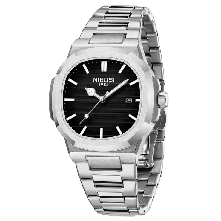 NIBOSI 2632 Stylish Men Wrist Watch Steel Strap Luminous Calendar Quartz Watch - Silver Strap / Black Dial