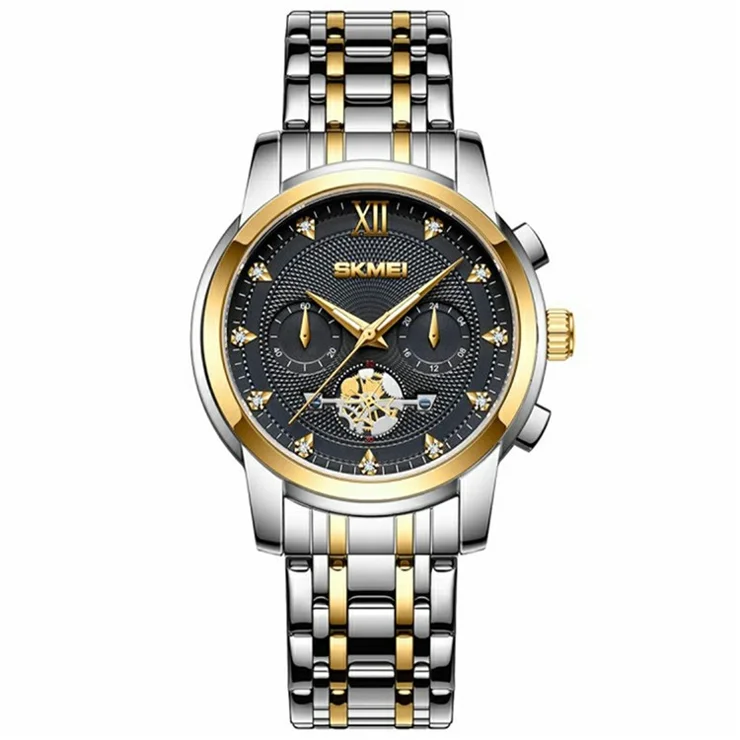 SKMEI 7078 Stylish Men Wrist Watch Waterproof Luminous Quartz Watch - Silver+Gold Strap / Black Dial