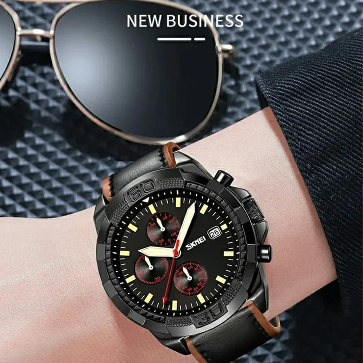 SKMEI 9347 Stylish Men Leather Strap Luminous Calendar Quartz