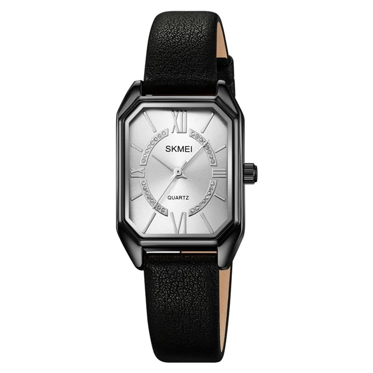 SKMEI 2238 Women Quartz Watch Leather Strap Square Wrist Watch - Black Case / Silver Dial