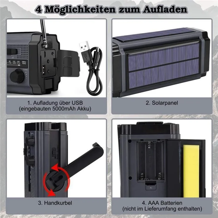 XSY320 Outdoor Solar Hand Crank FM / AM / WB Radio Flashlight 5000mAh Power Bank - Grey+Black