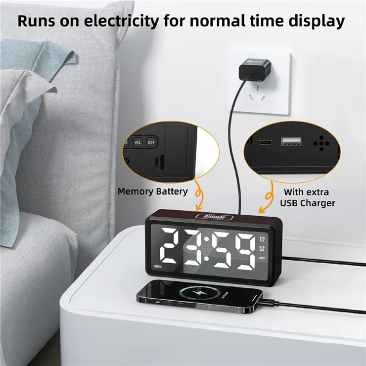 EN8839-A Wood Grain Digital Clock Large Characters Mirror Surface Daylight Saving Time Alarm Clock - Rosewood