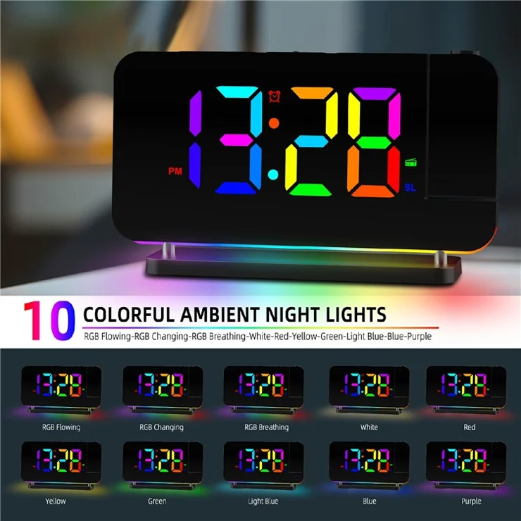 EN8853-C Colorful Night Light FM Radio Projection Clock LED Electronic Alarm Clock - Black