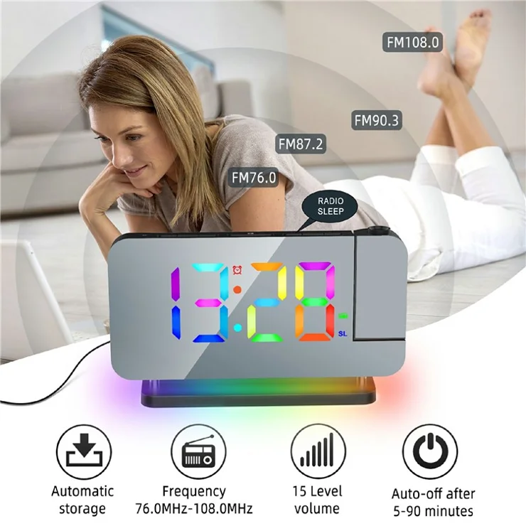 EN8853-C Colorful Night Light FM Radio Projection Clock LED Electronic Alarm Clock - Black
