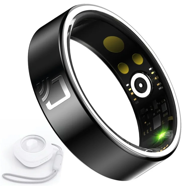R20 Ceramic+Resin Sleep Heart Rate Health Monitoring Smart Ring with Charging Case - Black / Size 7