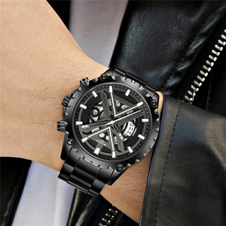 WLISTH 6191 Stylish Hollow Out Steel Band Wrist Watch Luminous Quartz Watch - Silver+Black