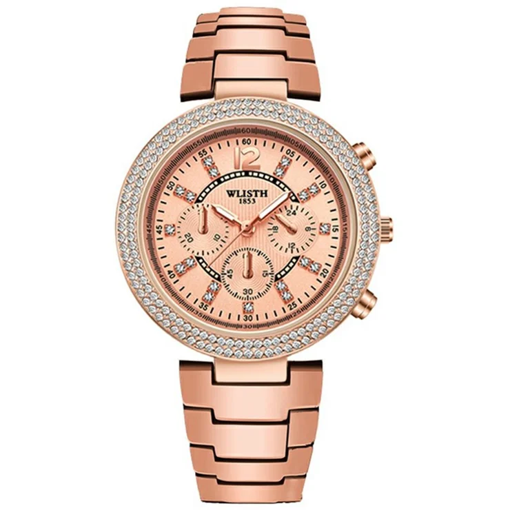 WLISTH 6197 Rhinestone Decor Women Quartz Watch Luminous Round Wrist Watch - Rose Gold Dial