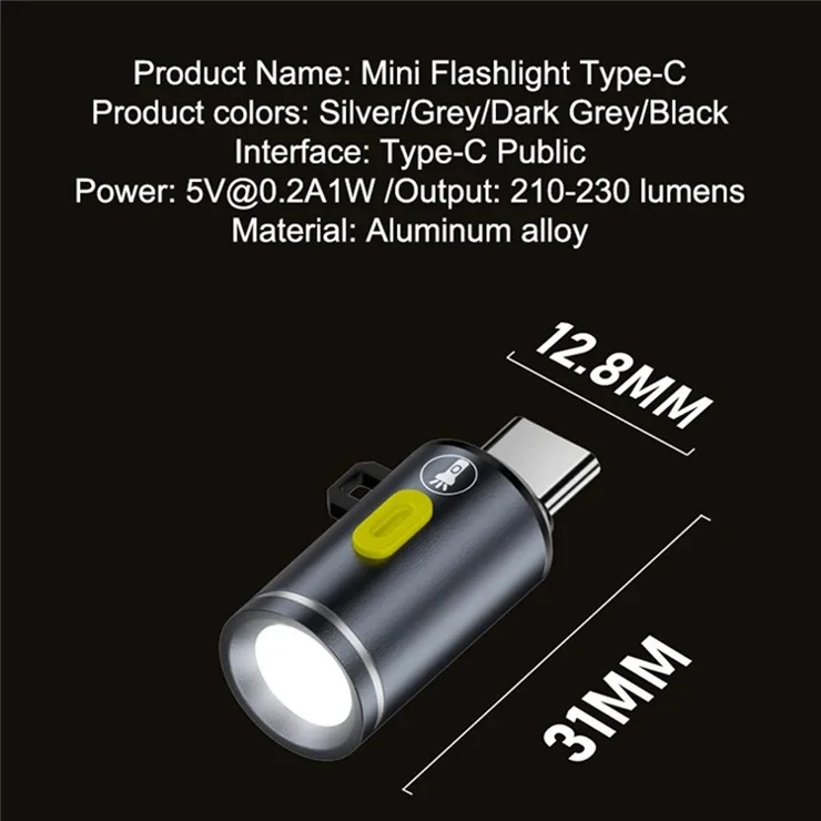 Mini LED Flashlight Type C Plug Rechargeable Portable Torch for Outdoor / Home Emergency - Grey