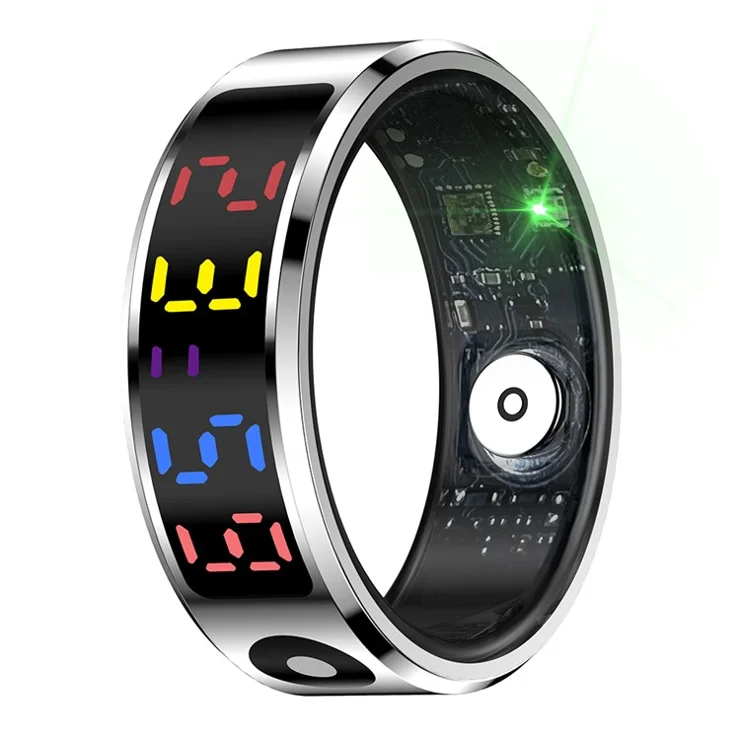 R12 5ATM Waterproof Digital Display Smart Ring Sleep Tracker Blood Oxygen Heart Rate Monitor with Charging Case - Silver / Size 12