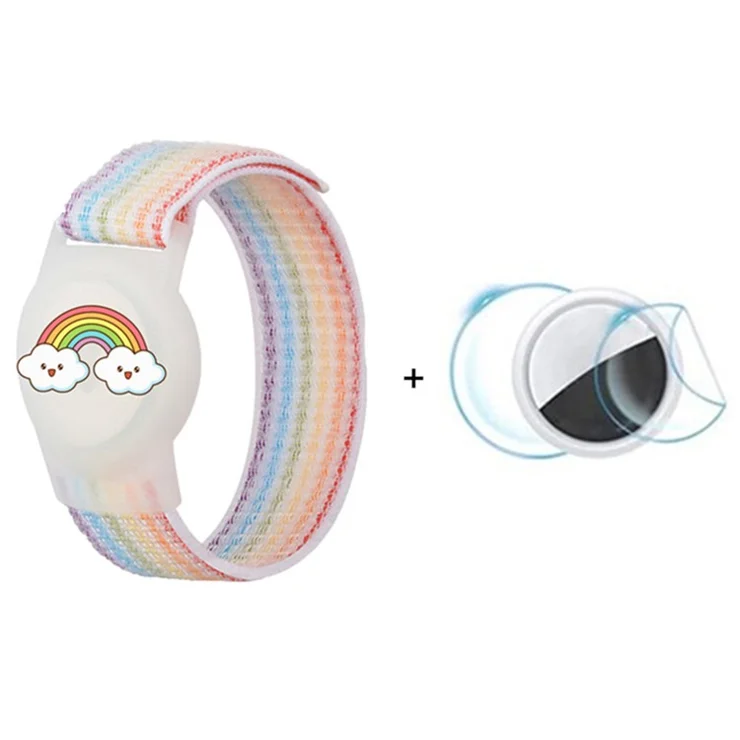 For AirTag Tracker Protective Case Cartoon TPU Cover Nylon Magic Tape Wristband with Protective Films - Rainbow